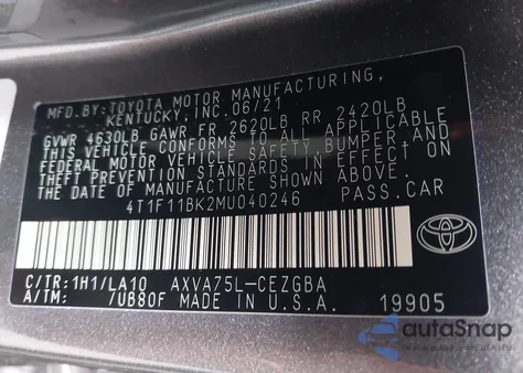 2021 Toyota Camry Xle Awd z USA, uszkodzony, nr VIN 4T1F11BK2MU040246